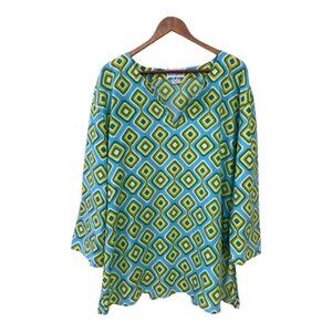 Blue Opihi Tunic Geometric Blue Green Lightweight Cotton Top Sz 2X